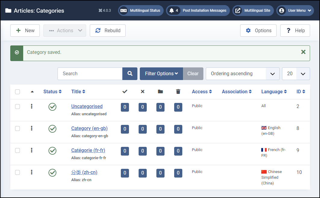 Joomla 4 - Multilingual Website - New Categories