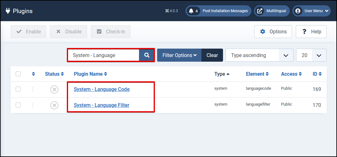 Joomla 4 - Sito Web multilingue - Plugin di ricerca