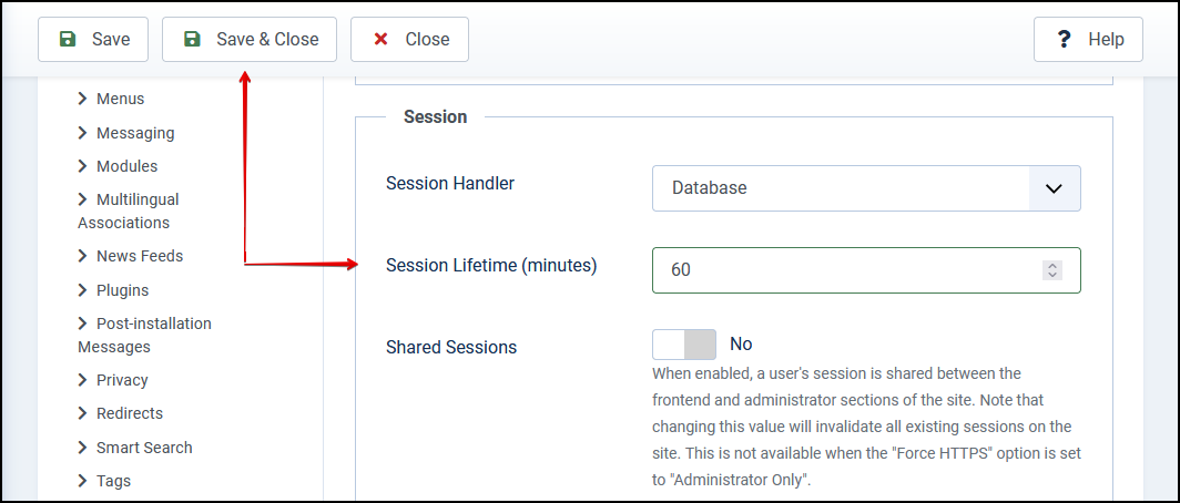 Joomla 4 - Session Lifetime - Save