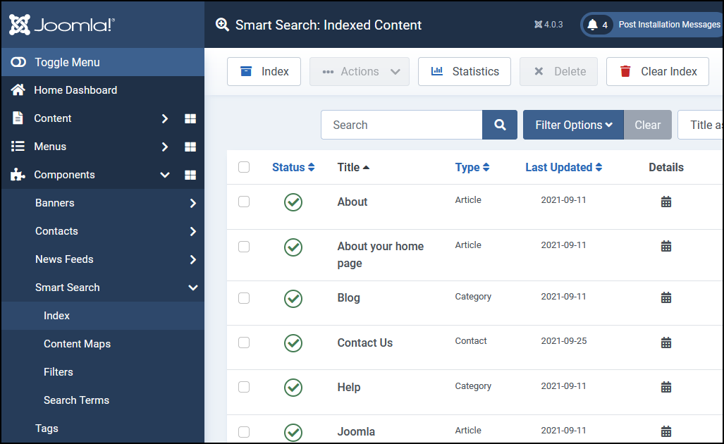 Joomla 4 - Smart Search - Index