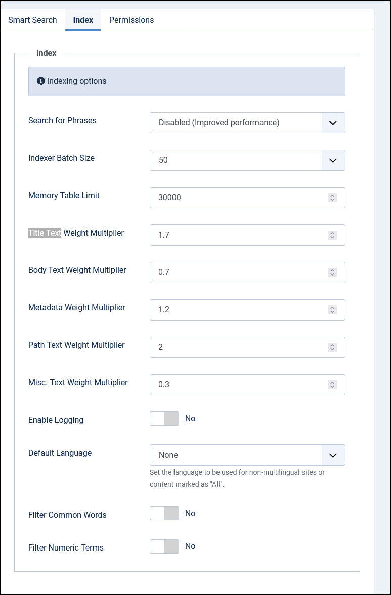 Joomla 4 - Smart Search - Indexing Options