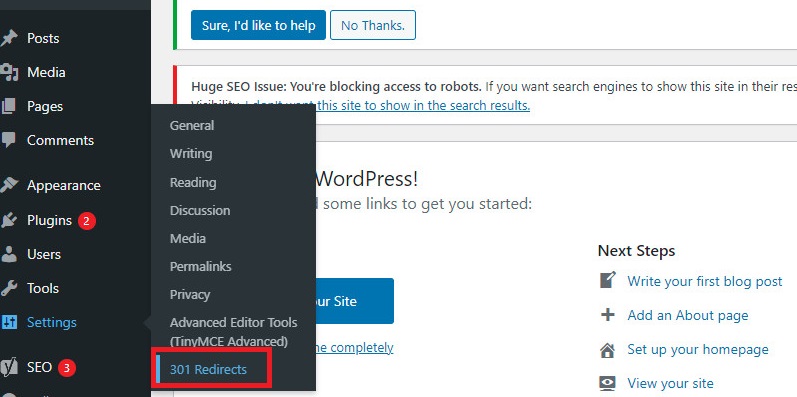 Create 301 Redirects In Wordpress 4
