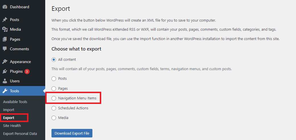 Export Navigation Menus In Wordpress