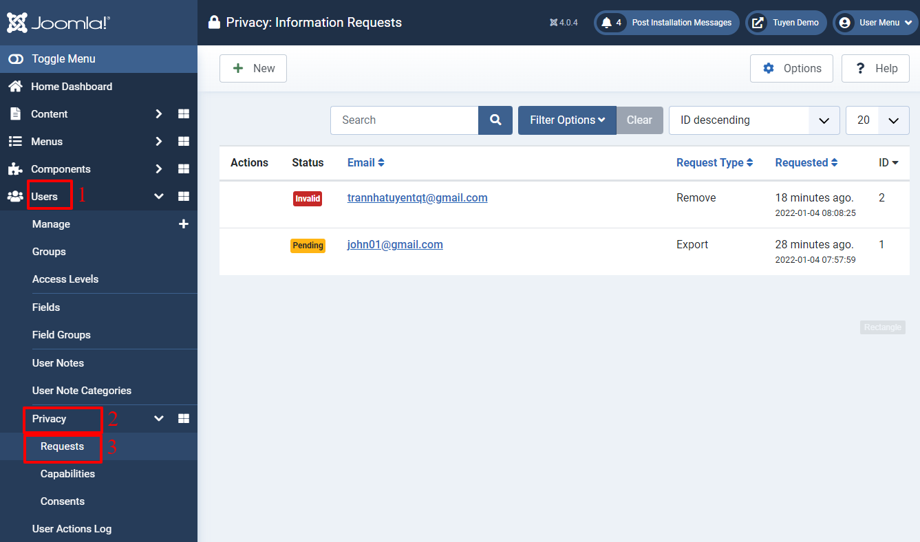 Use Privacy Info Requests In Joomla 4-4