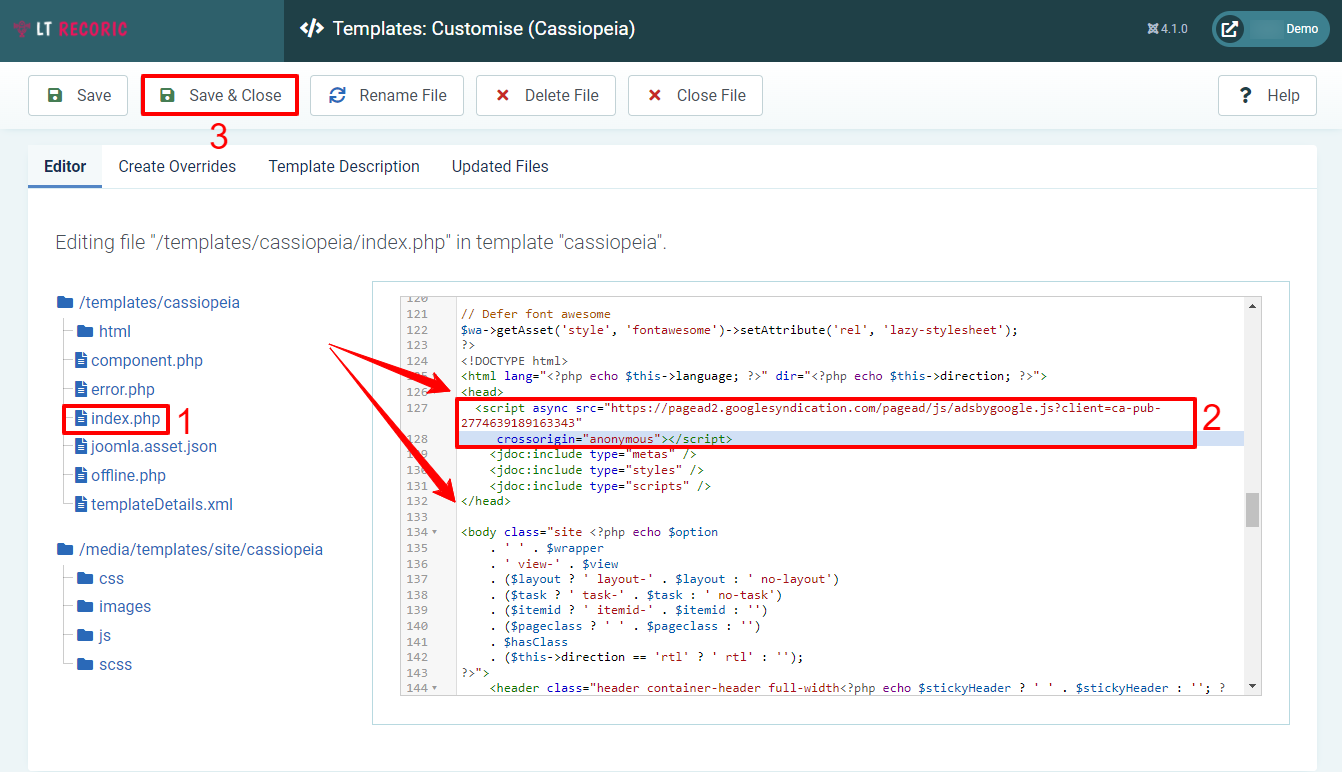 Add Google Adsense Code With Cassiopeia In Joomla 4-4