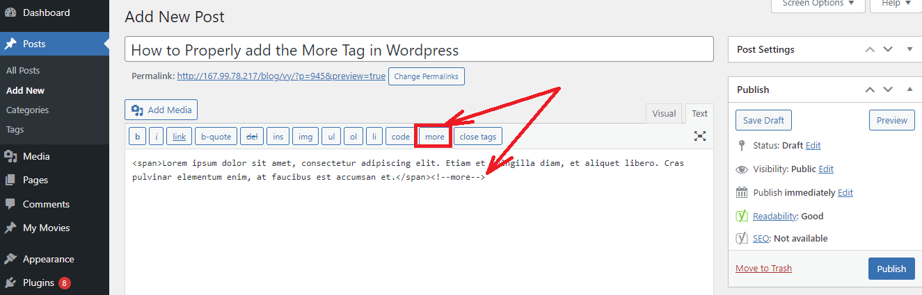 add the more tag in wordpress 2