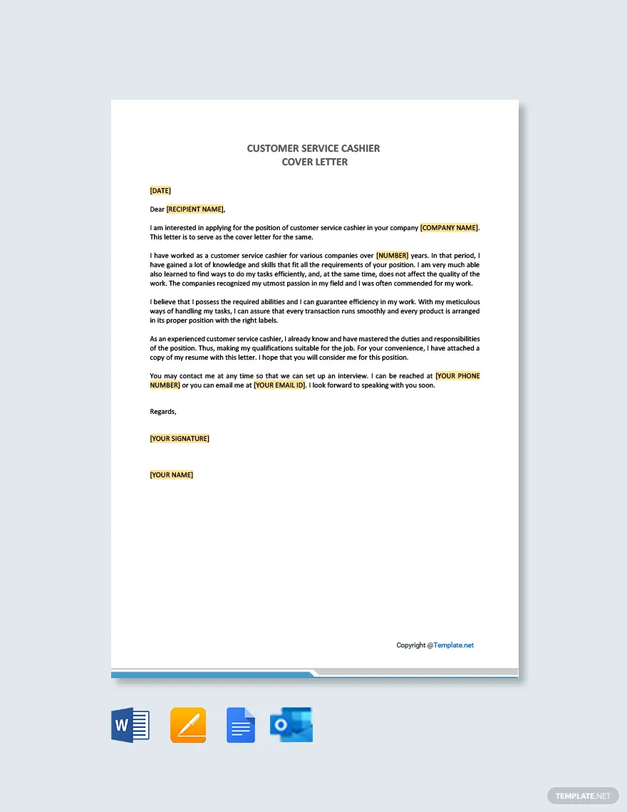 Free Customer Service Cashier Cover Letter Template