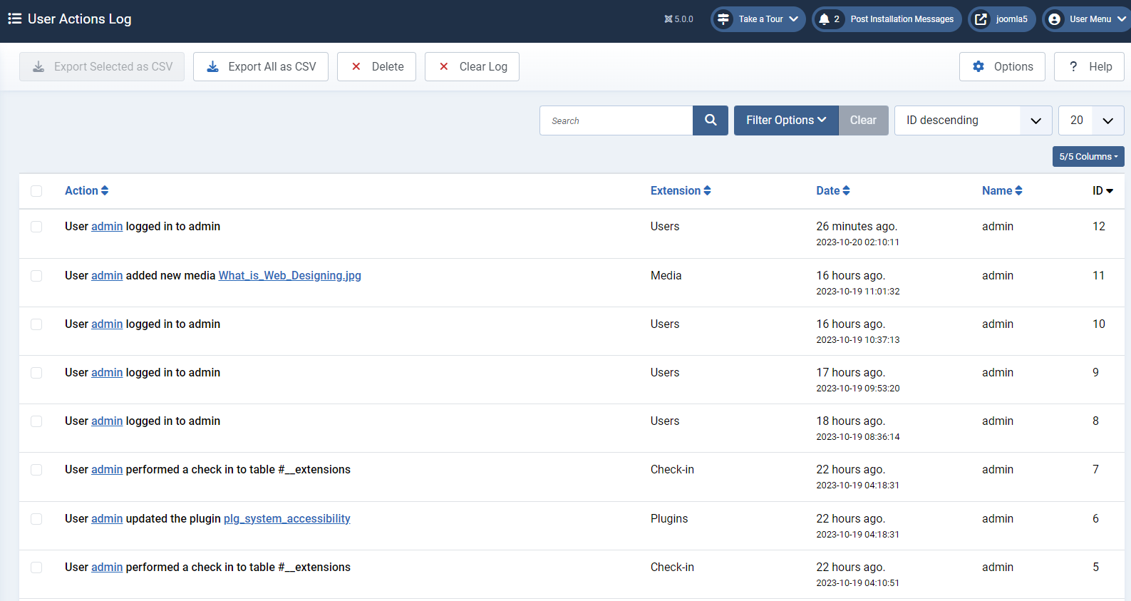 User Actions Log Joomla5 Administration