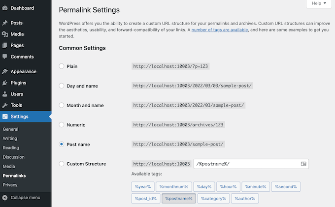 Settings Permalink Settings