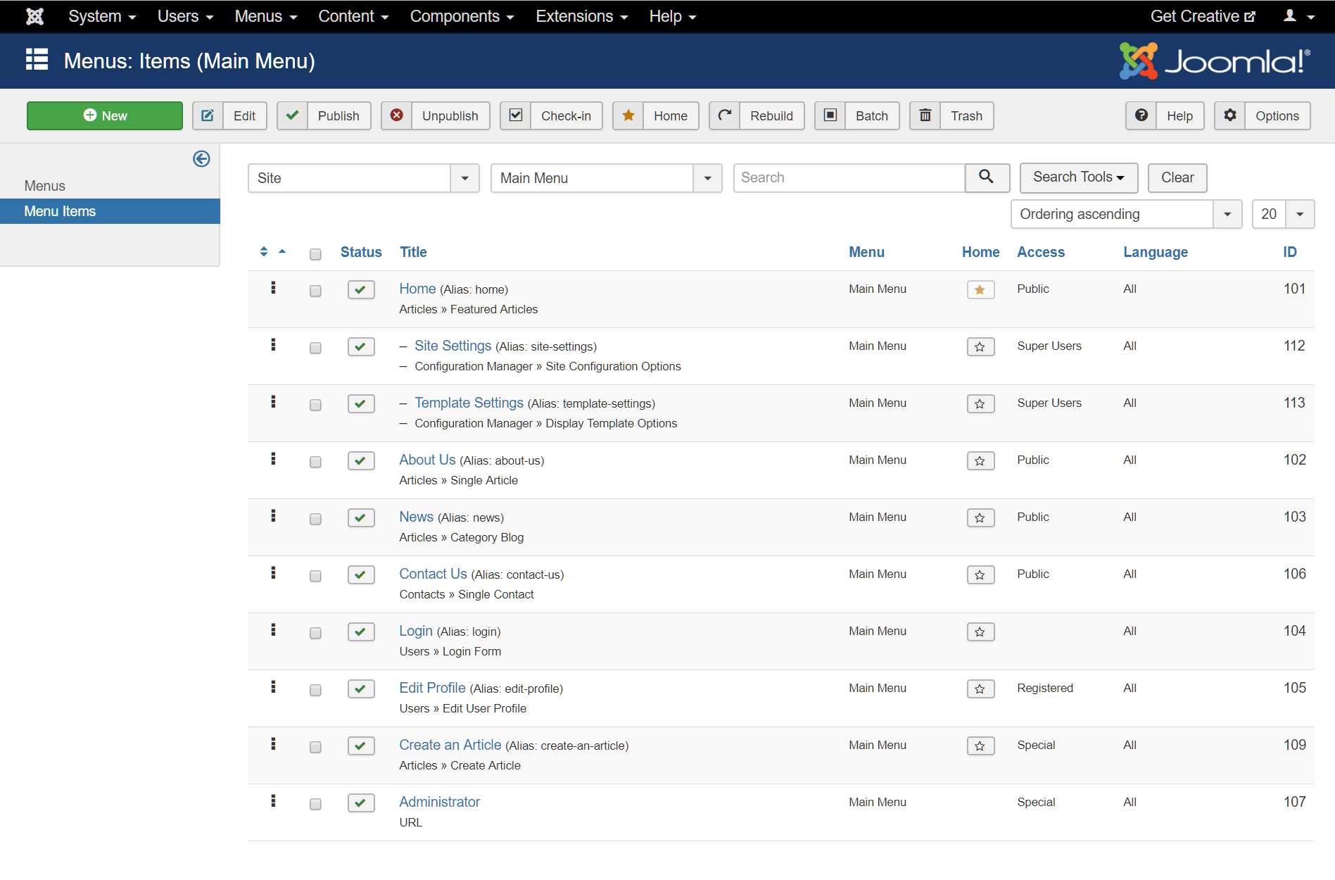 Joomla Menu Structure