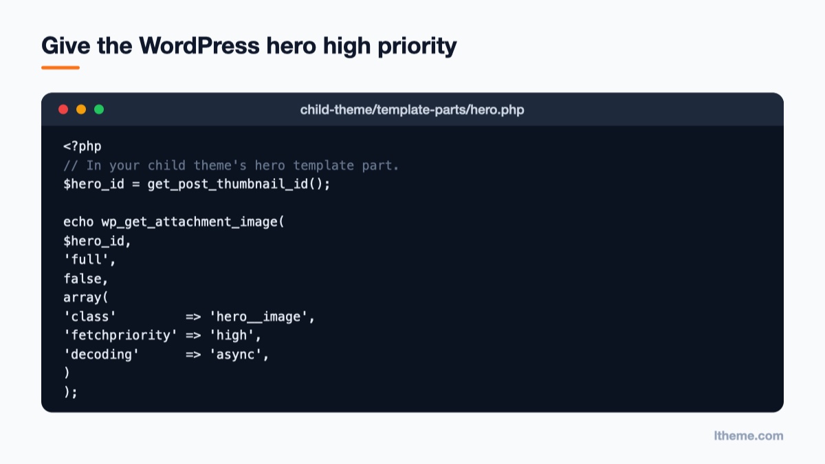 PHP snippet calling wp_get_attachment_image with fetchpriority high in a WordPress child theme