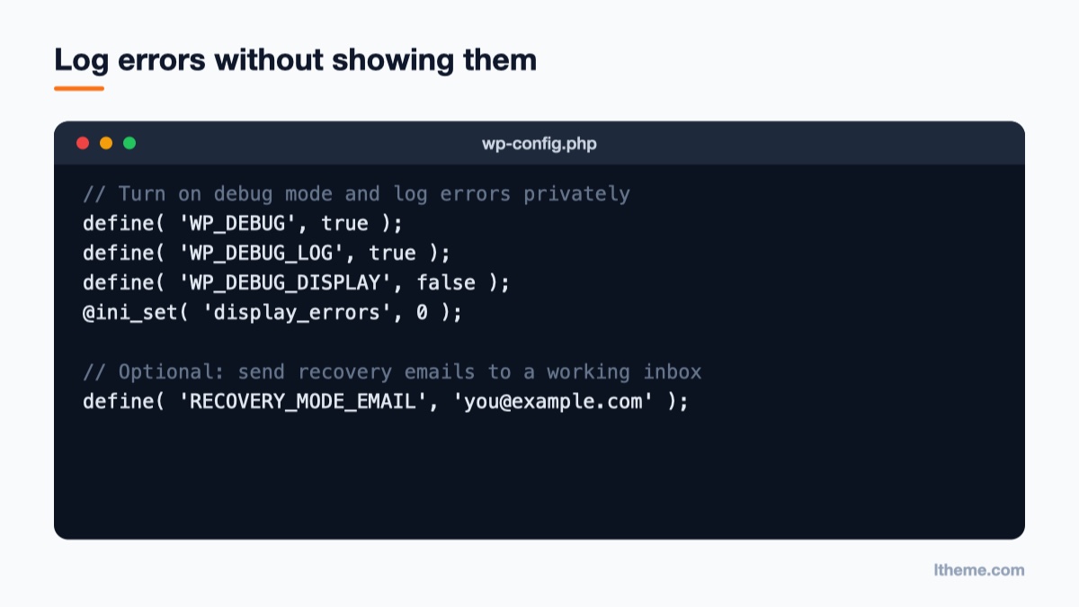 wp-config.php code enabling WP_DEBUG_LOG and RECOVERY_MODE_EMAIL