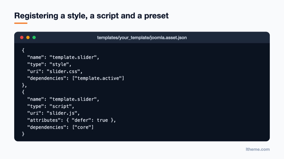 Example joomla.asset.json entries for a style, a script and a preset