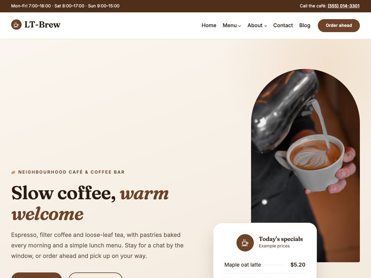 LT Brew coffee shop WordPress block theme homepage