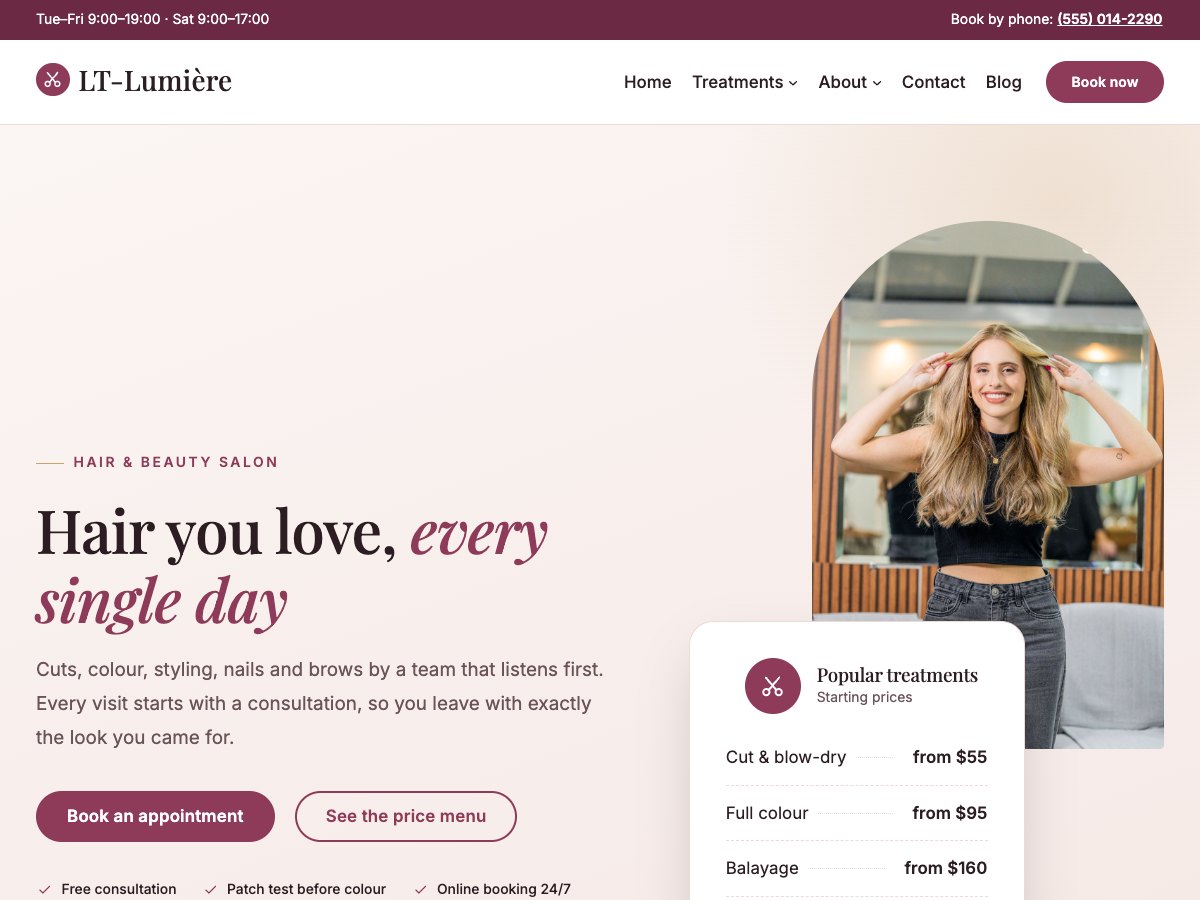 LT Lumière hair salon WordPress block theme homepage