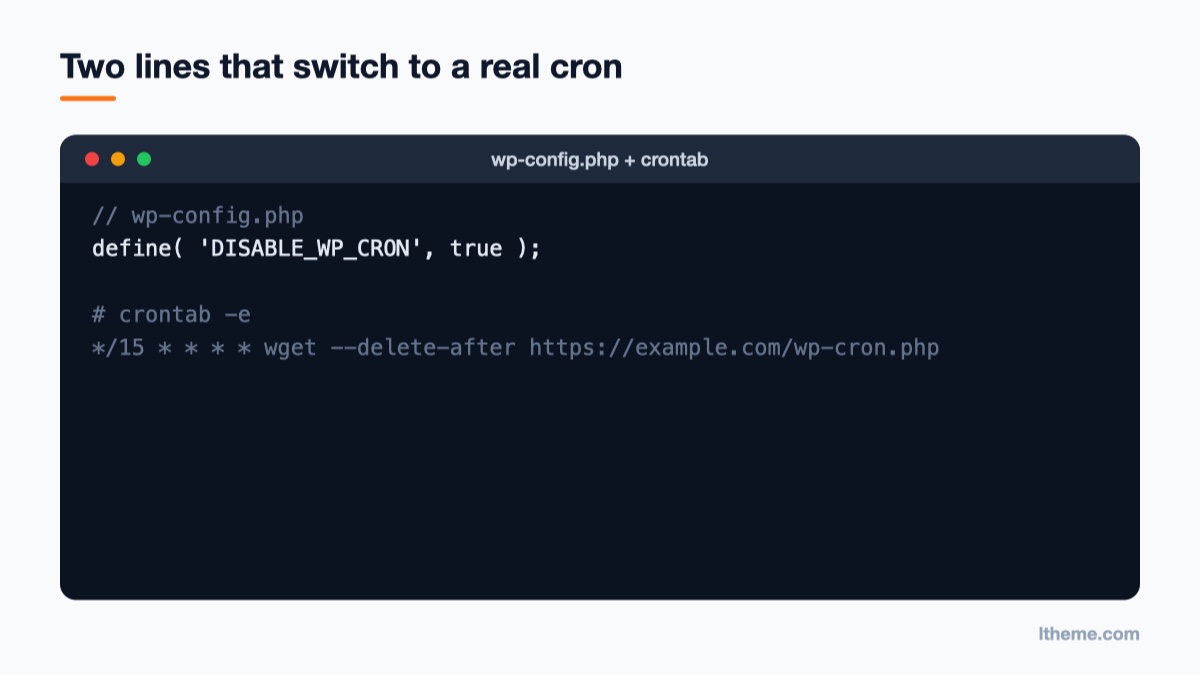 Code showing the DISABLE_WP_CRON constant and a crontab line that requests wp-cron.php every 15 minutes