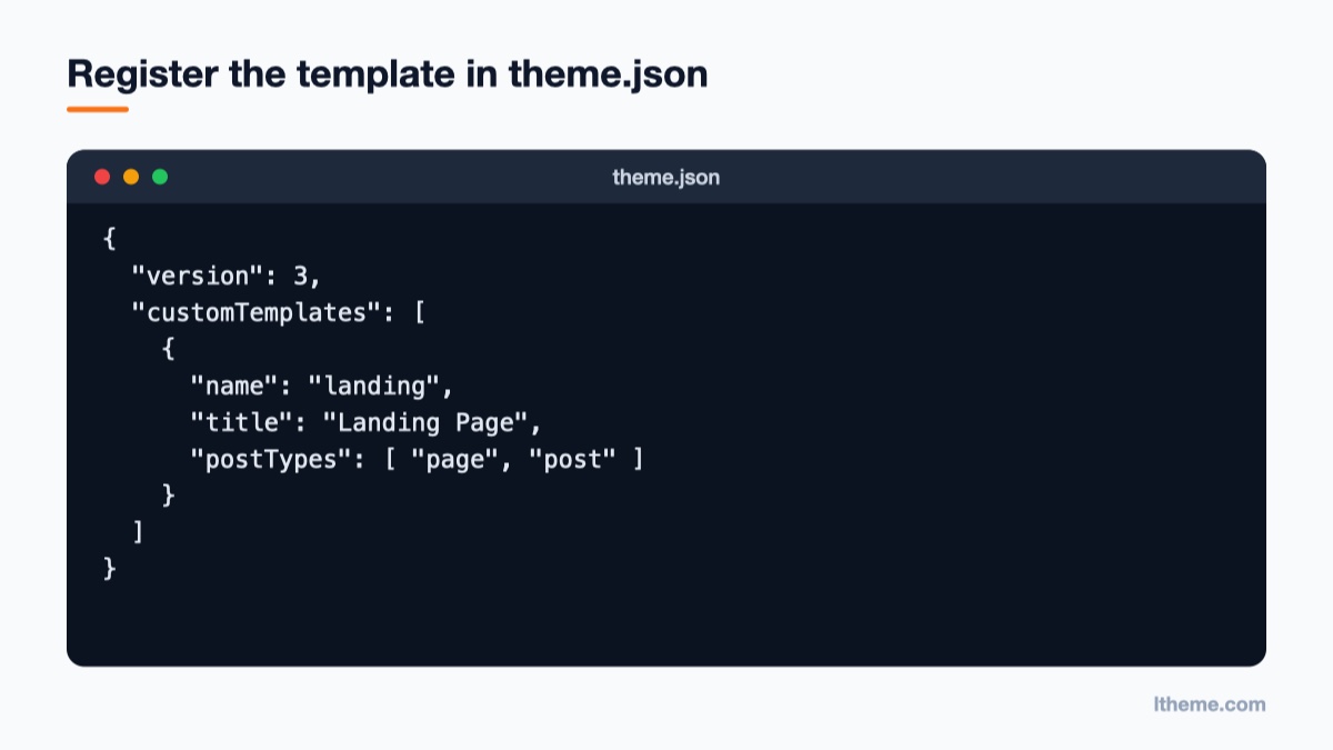 theme.json customTemplates entry registering a landing page template