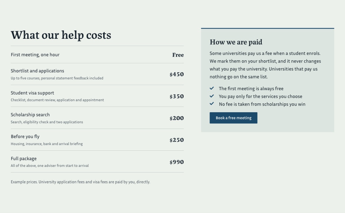 LT Abroad design: fees section