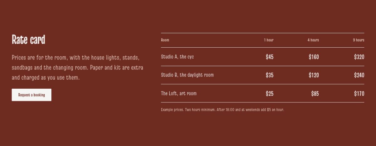 LT Art Studio design: rates section