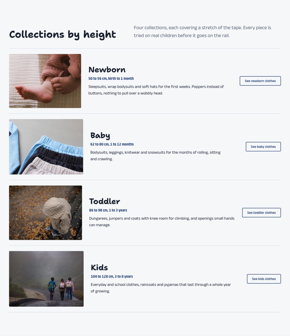 LT Baby Shop design: collections section