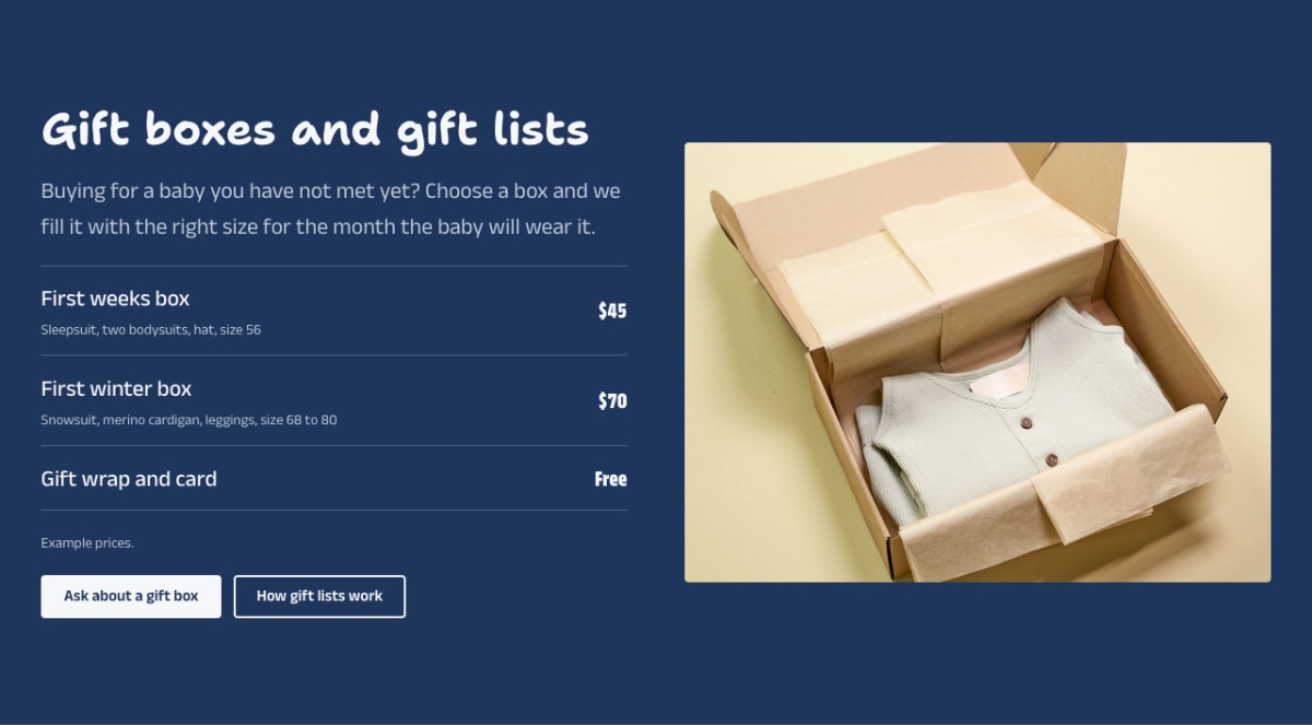 LT Baby Shop design: gifts section
