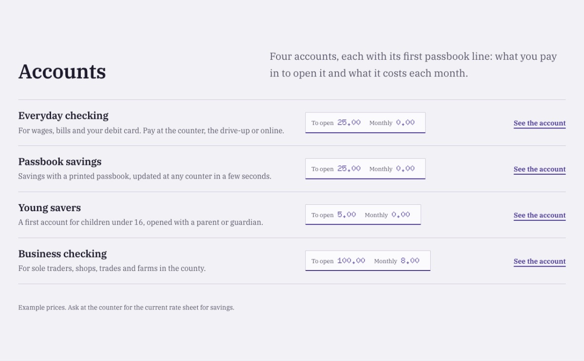 LT Bank design: accounts section