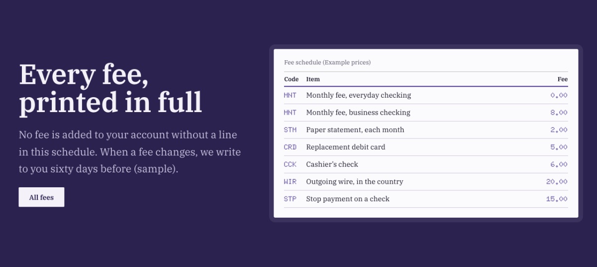 LT Bank design: fees section