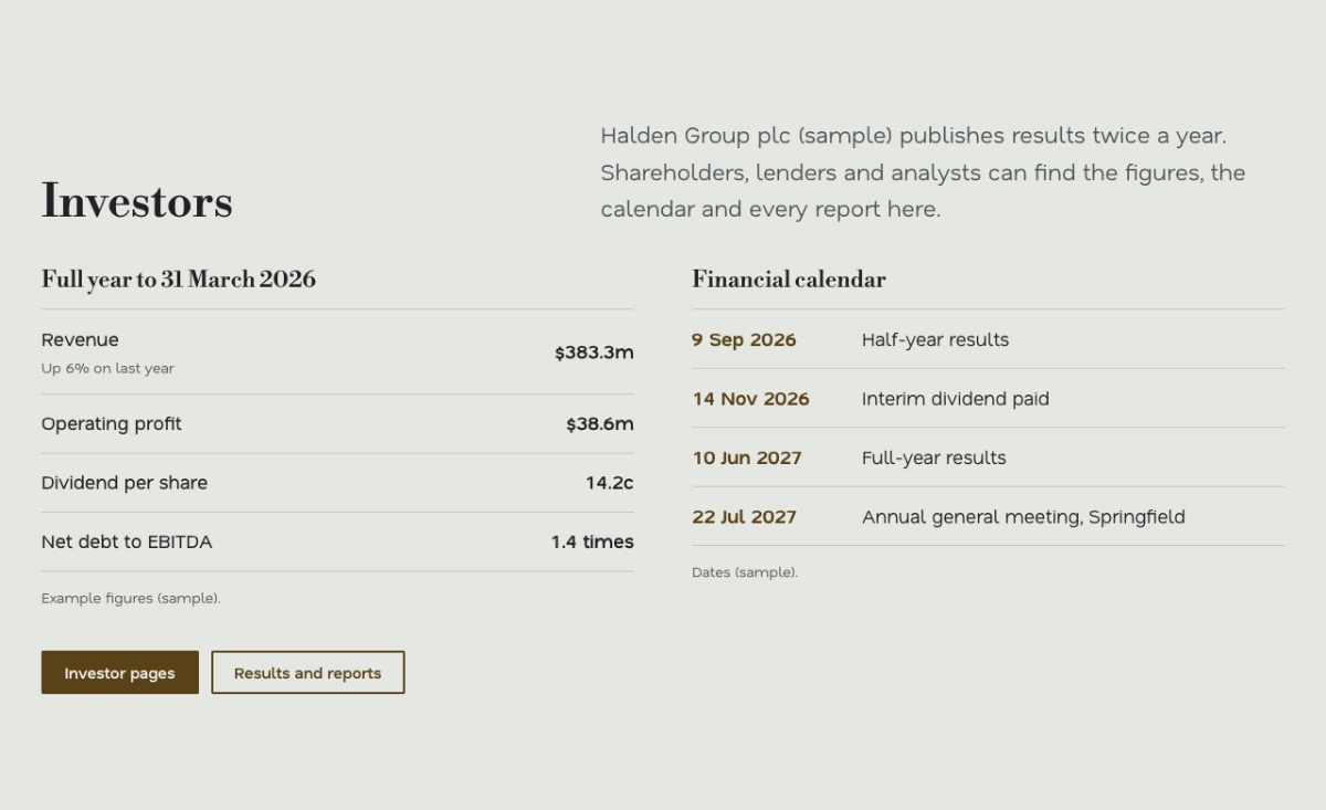 LT Corporation design: investors section