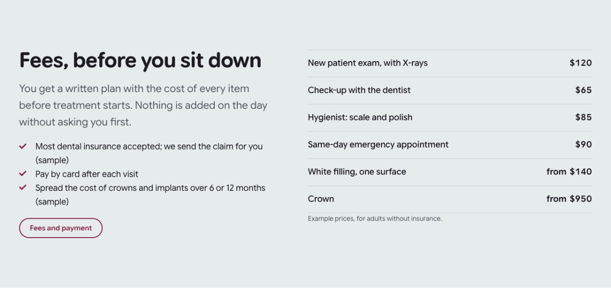 LT Dentist design: fees section