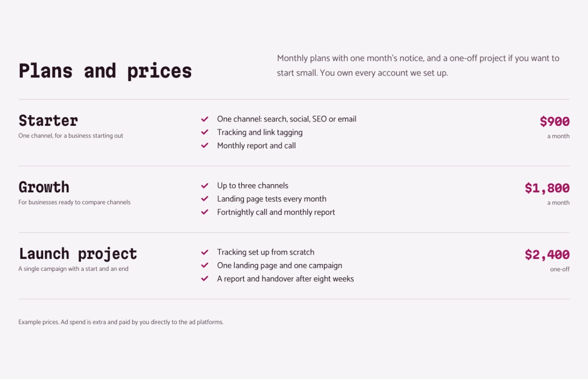 LT Digix design: pricing section