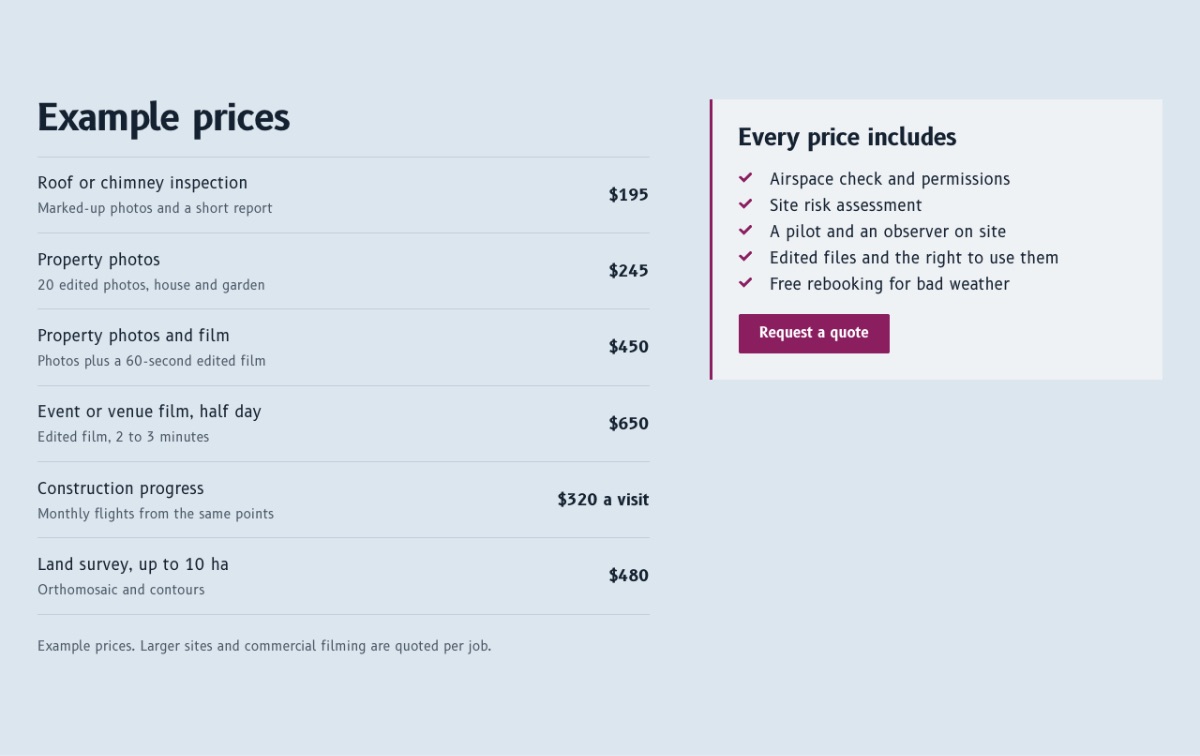 LT Drones design: prices section