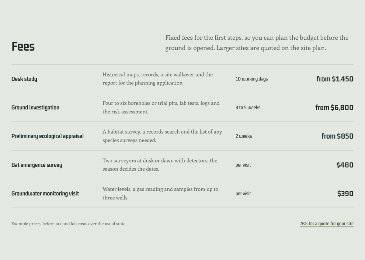 LT Envico design: fees section