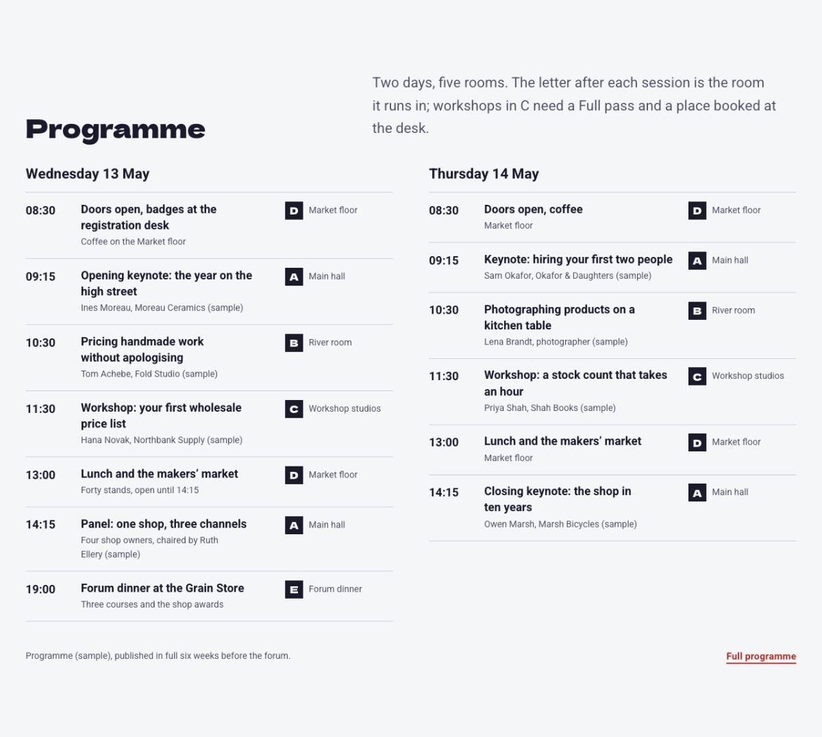LT Events design: programme section