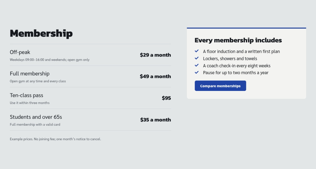 LT Fitness design: membership section