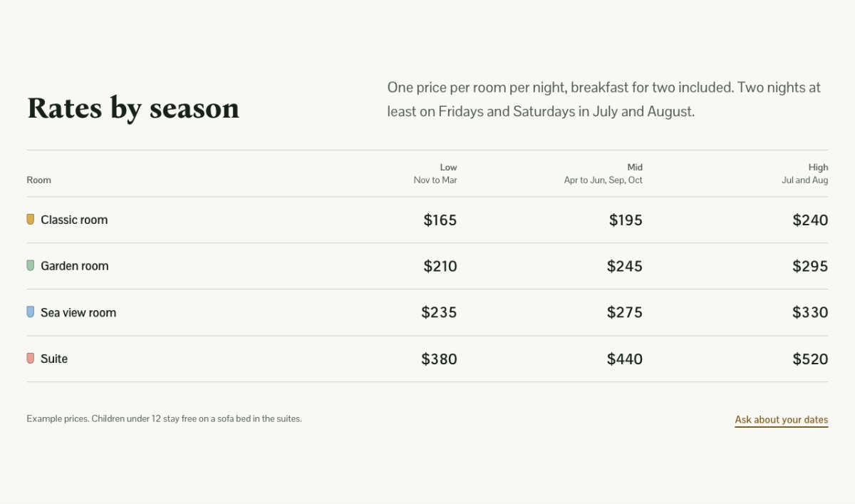 LT Hotel design: rates section