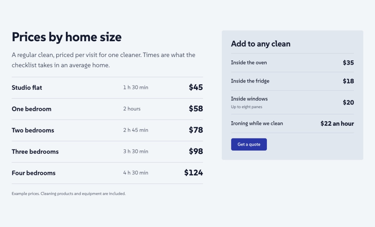 LT Inclean design: prices section