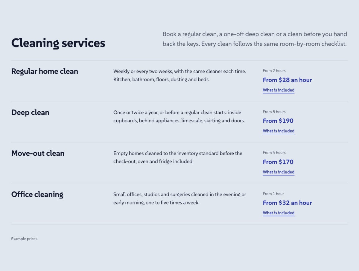 LT Inclean design: services section