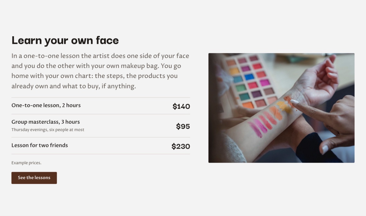 LT Makeup design: lessons section