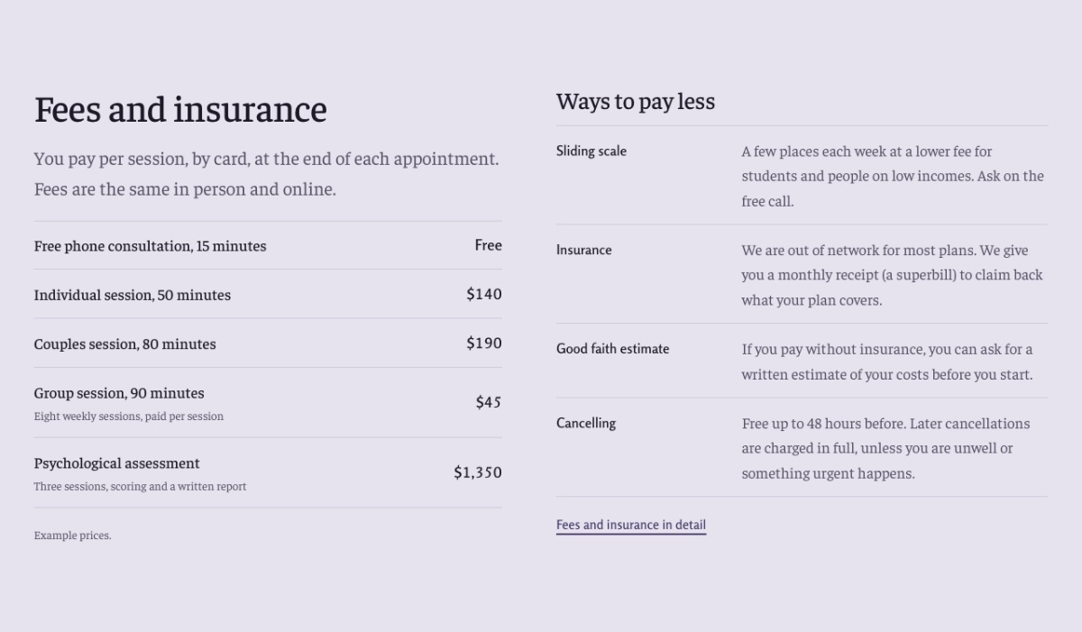 LT Psychex design: fees section