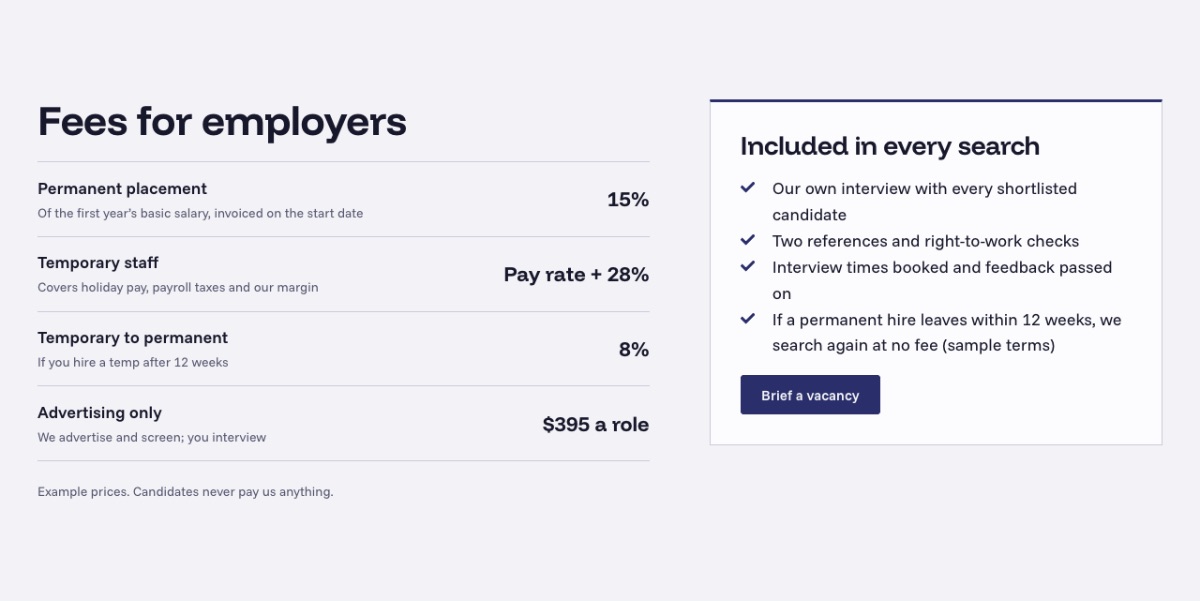 LT Recruit design: fees section