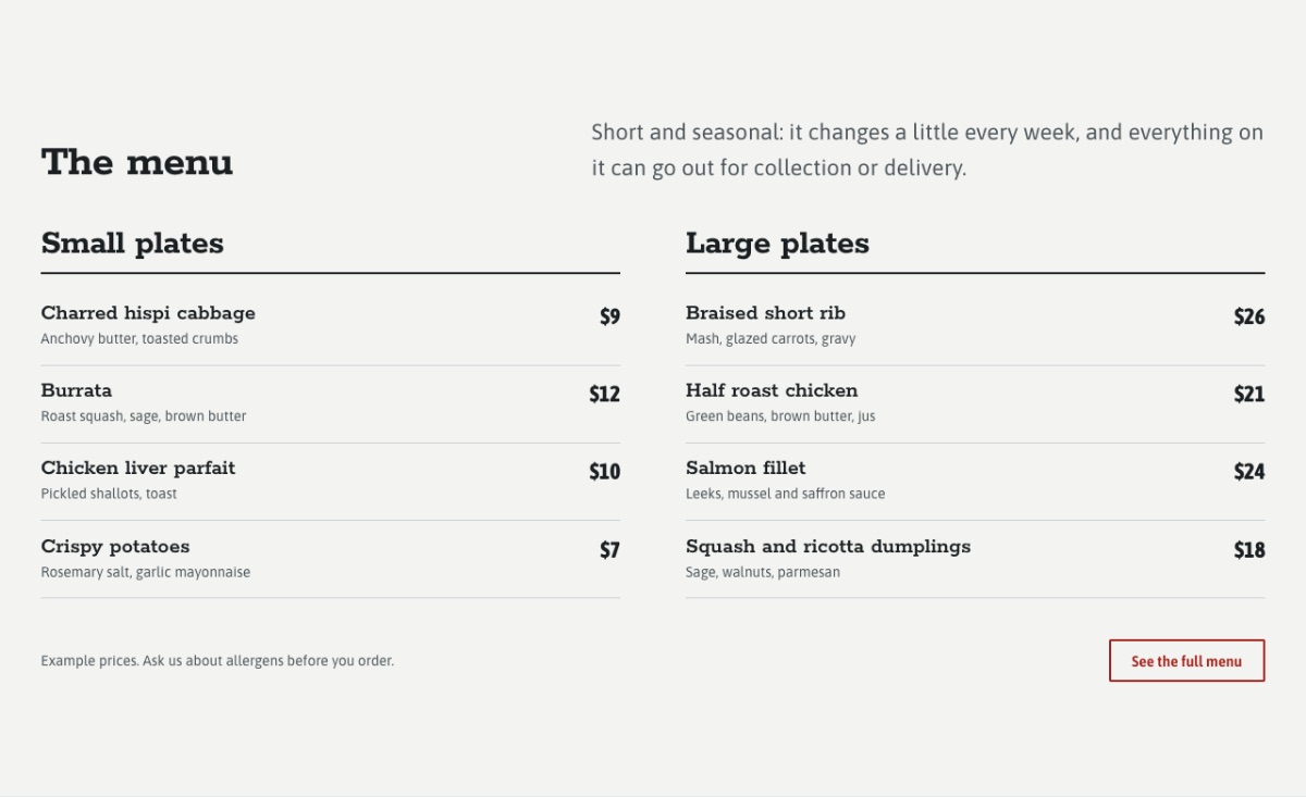 LT Restaurant design: menu section