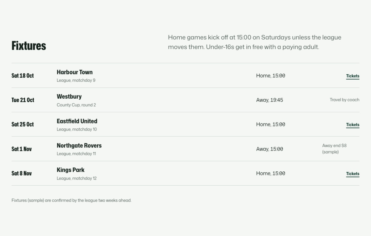 LT Soccer design: fixtures section
