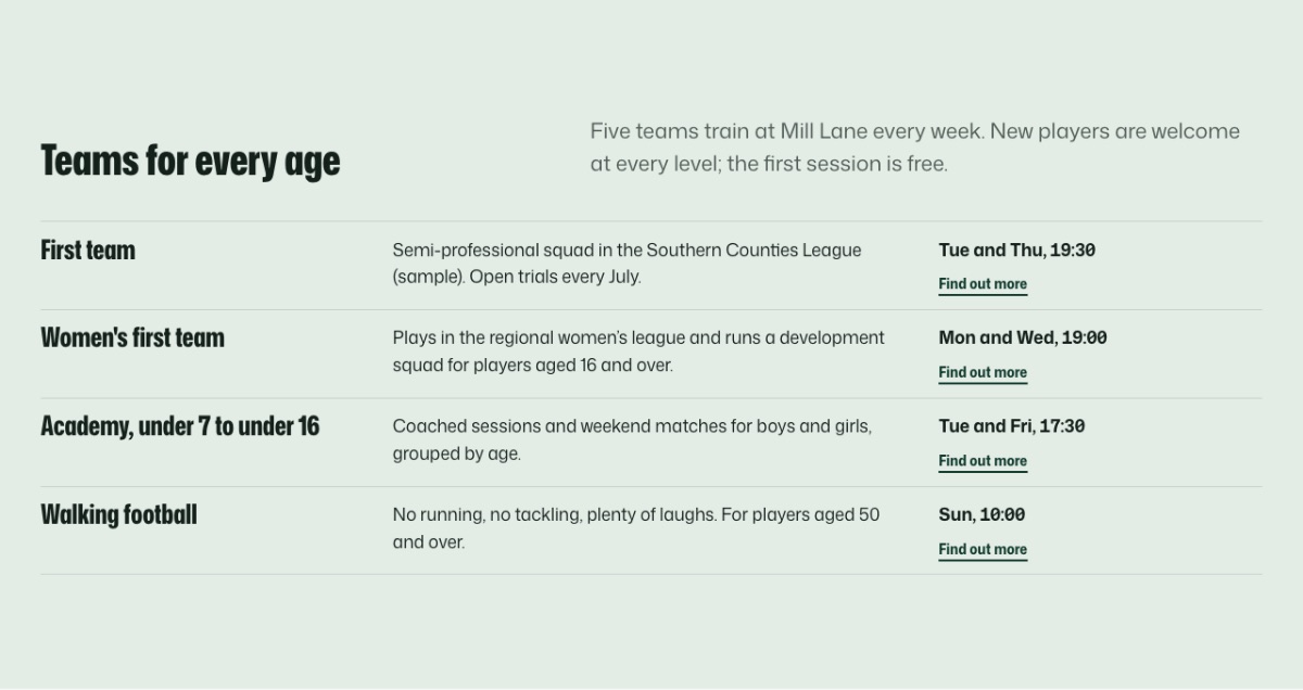 LT Soccer design: teams section