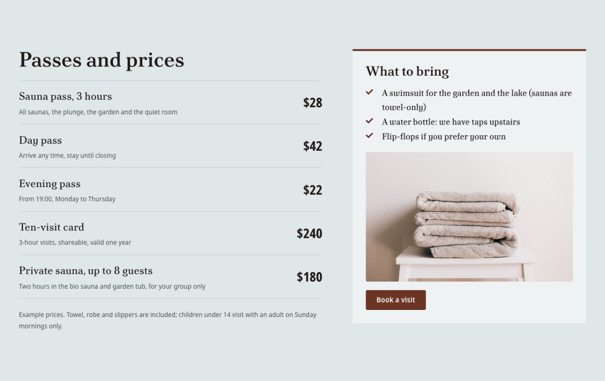 LT Spa design: prices section