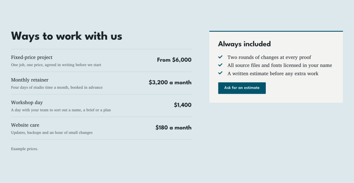 LT Stable design: pricing section