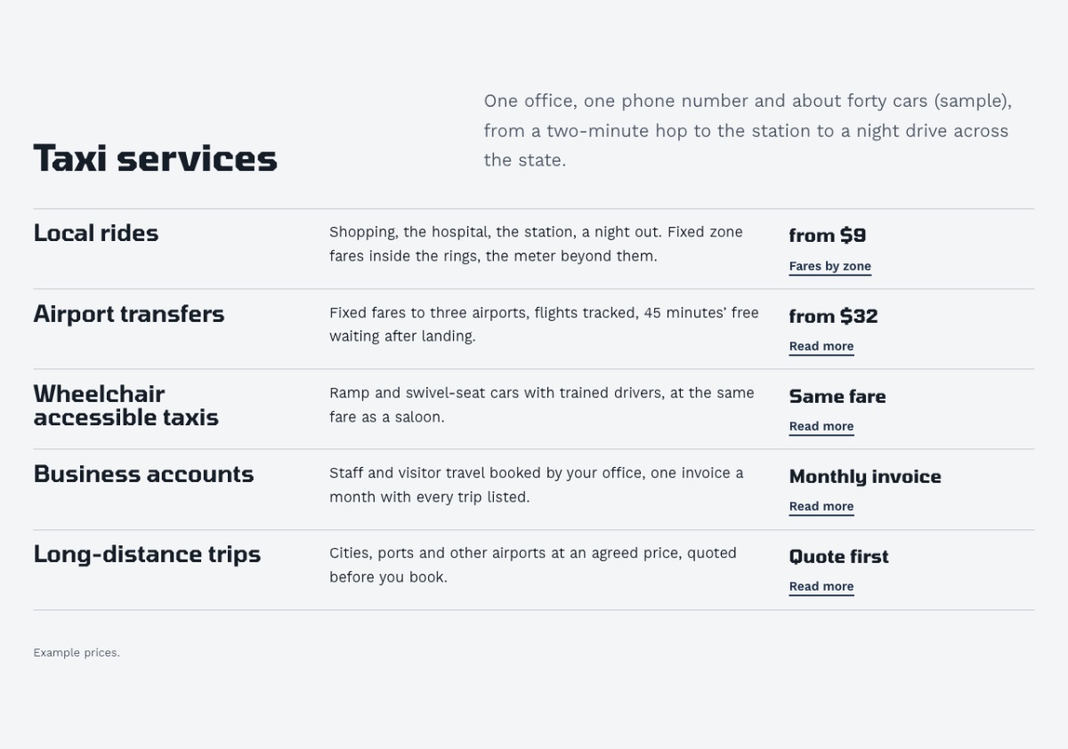 LT Taxico design: services section