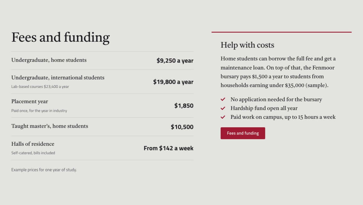 LT University design: fees section